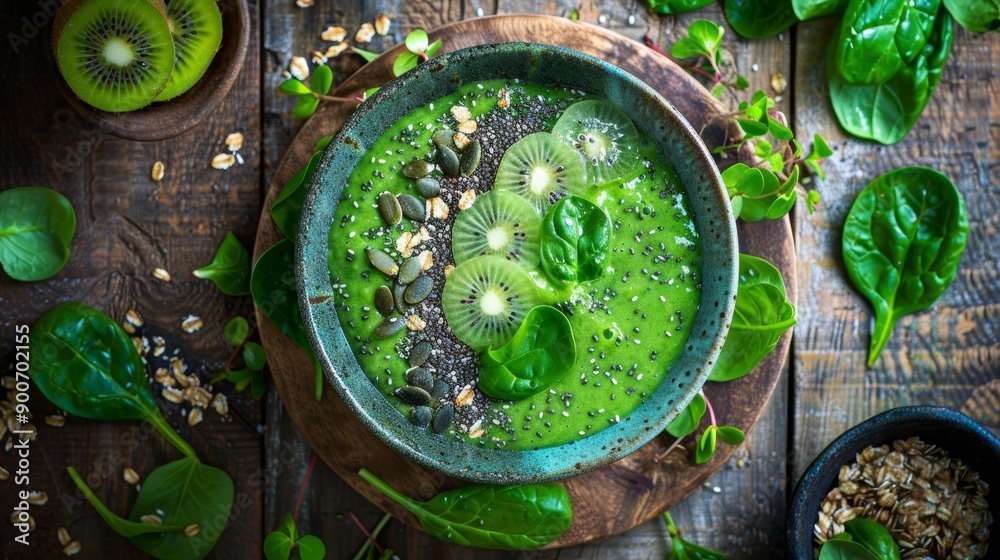 Healthy Green Smoothie Bowl with Fresh Fruits, Chia Seeds, and Granola on Rustic Wooden Table