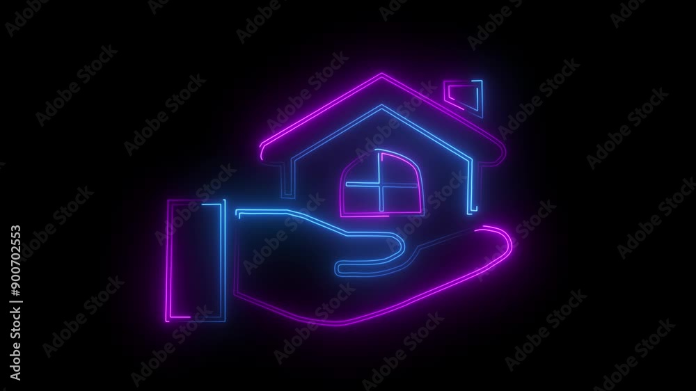 Open giving hand with country house icon. neon home animation in black background. Open giving hand with country house icon. neon home animation in black background.