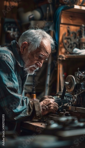 Wallpaper Mural Elderly Inventor Focused on New Engine Design in Rustic Garage Workshop for Technological Innovation Torontodigital.ca