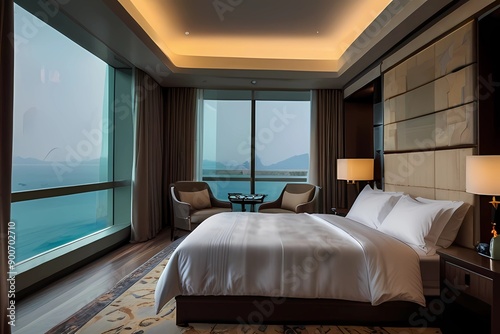 Hotel bed room. A seaview of a modern bed room in a hotel in China

