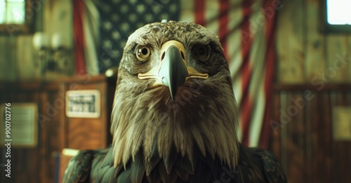 Majestic Bald Eagle Portrait with American Flag Background photo