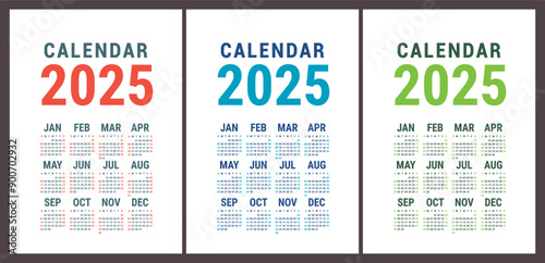 Calendar 2025. English vector set. Vertical wall or pocket calender template. Design collection. New year. Week starts on Sunday