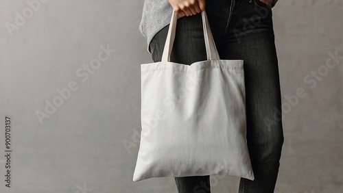 Fototapeta Naklejka Na Ścianę i Meble -  Free Canvas bag Mockup of fabric tote bag with handle New Bag Photo Mockup logo space ai