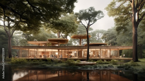 Sustainable glass office building with wooden elements for eco friendly and green workspace