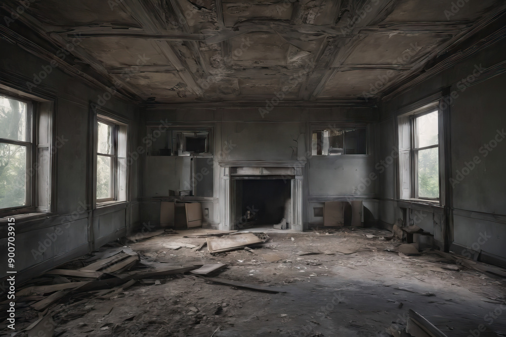 An empty room of an abandoned house with walls weathered away by time, Generative AI An empty room of an abandoned house with walls weathered away by time, Generative AI