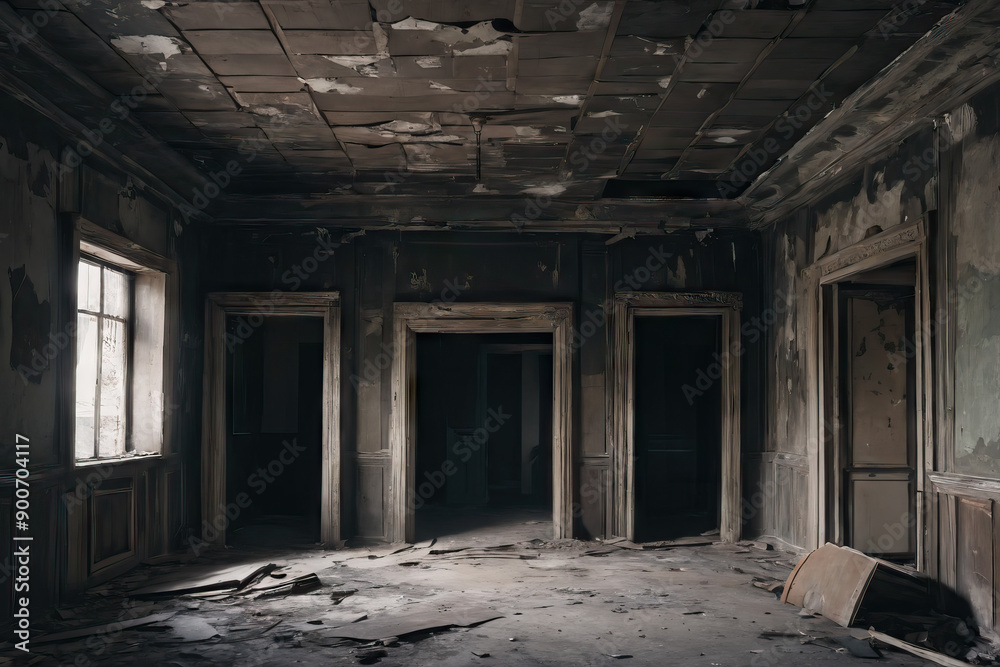An empty room of an abandoned house with walls weathered away by time, Generative AI An empty room of an abandoned house with walls weathered away by time, Generative AI