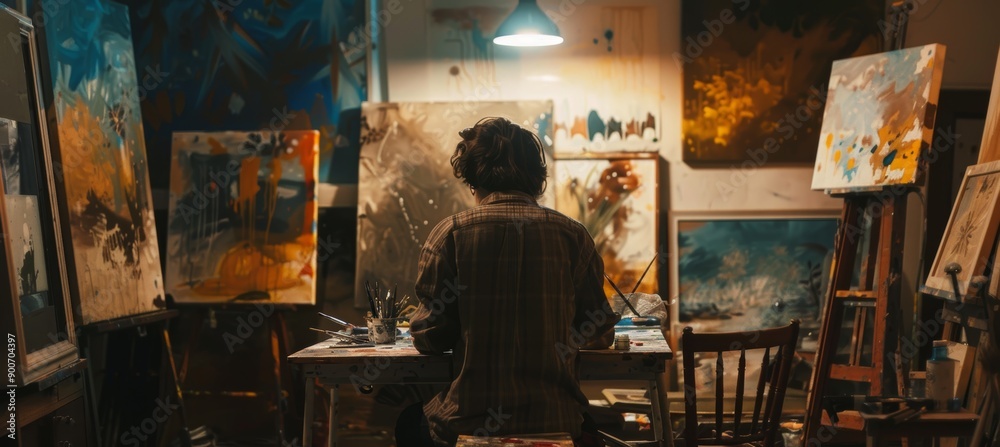 Solitary Artist Working Late in Dimly Lit Studio with Unfinished Canvases and Scattered Brushes Solitary Artist Working Late in Dimly Lit Studio with Unfinished Canvases and Scattered Brushes