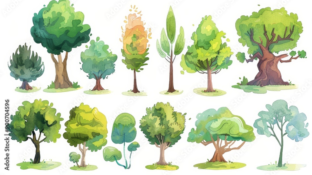 Fototapeta premium Cartoon trees set. White background. Watercolor illustrations