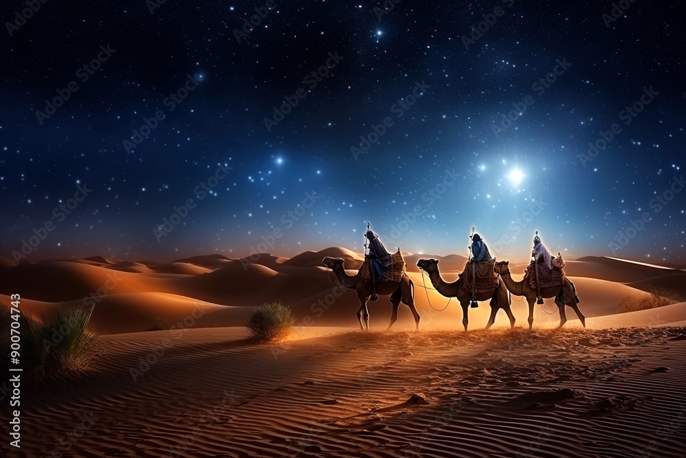 The Three Wise Men carry gifts through the desert guided by the stars. Christmas concept. The Three Wise Men carry gifts through the desert guided by the stars. Christmas concept.