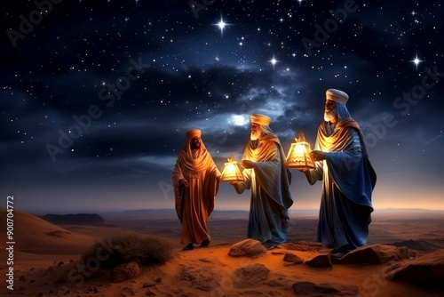 The Three Wise Men carry gifts through the desert guided by the stars. Christmas concept.