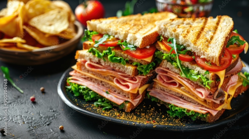 Sandwich slice with ham, cheese, tomato, salad and chips Sandwich slice with ham, cheese, tomato, salad and chips