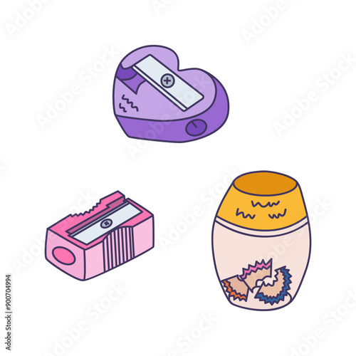 Cute colorful doodle set of pencil sharpeners with blade for drawing, studying, working. Back to school stationery for shaving and sharpening pencils. Clipart of school supply with hand drawn outline