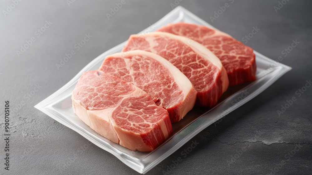 Close-up of four marbled raw beef steaks in vacuum packaging on a dark gray surface. Close-up of four marbled raw beef steaks in vacuum packaging on a dark gray surface.