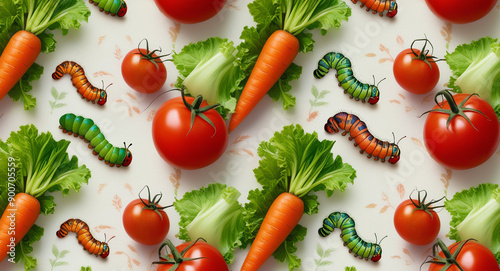 Whimsical Background with Caterpillars Crawling on Various Vegetables