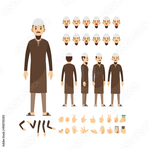 Stylized Muslim Arabic Businessman Character Constructor Pack with Expressions, Emotions, Poses and character set