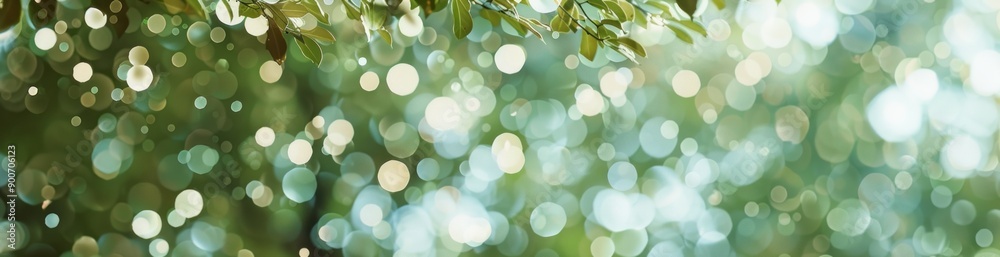 Obraz premium Golden and green bokeh with sunlight and leaves, creating a vibrant and tranquil nature background. Generative ai