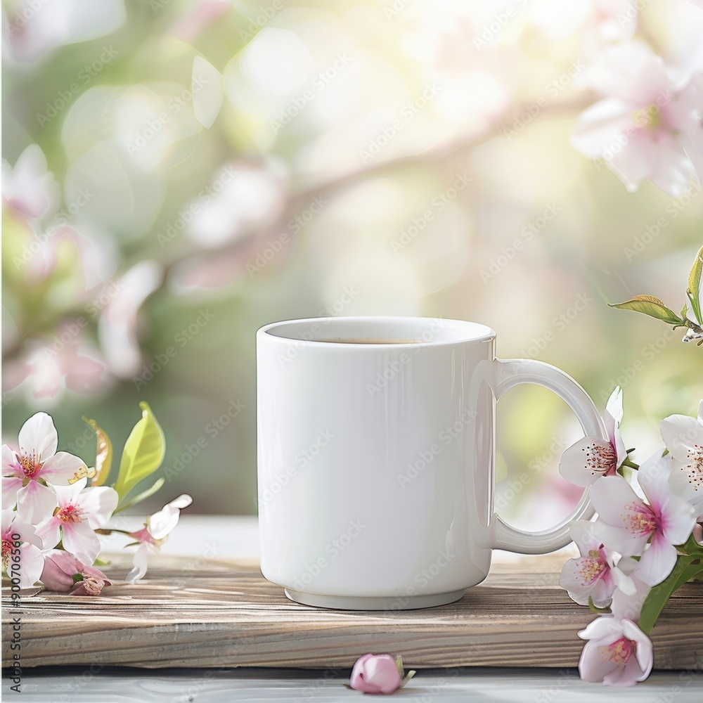 A serene white mug surrounded by delicate pink flowers, capturing the essence of spring and tranquility in a bright environment. A serene white mug surrounded by delicate pink flowers, capturing the essence of spring and tranquility in a bright environment.