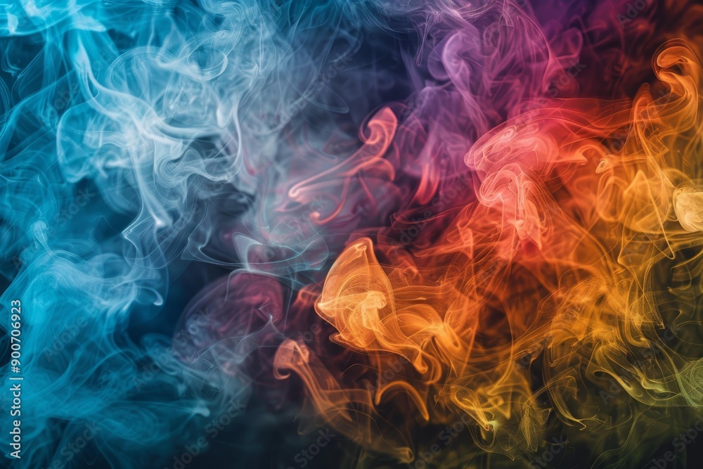 Vibrant multicolored smoke intertwining on a dark backdrop for artistic designs