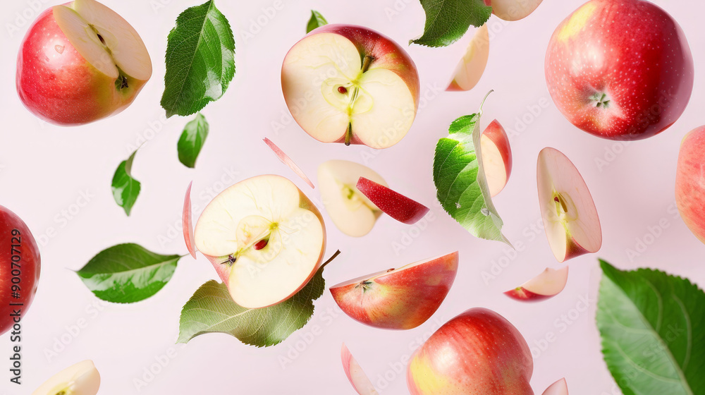 apples with half slices floating in the air apples with half slices floating in the air