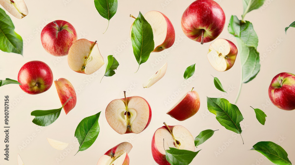 apples with half slices floating in the air