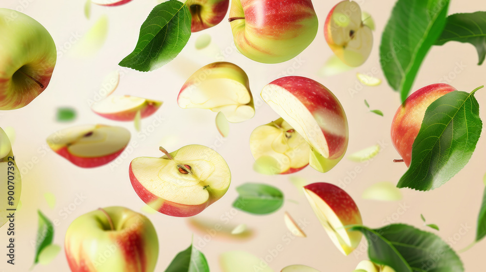 apples with half slices floating in the air apples with half slices floating in the air
