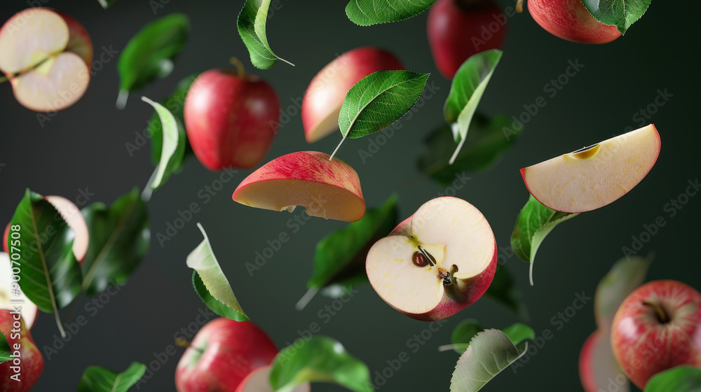 apples with half slices floating in the air apples with half slices floating in the air