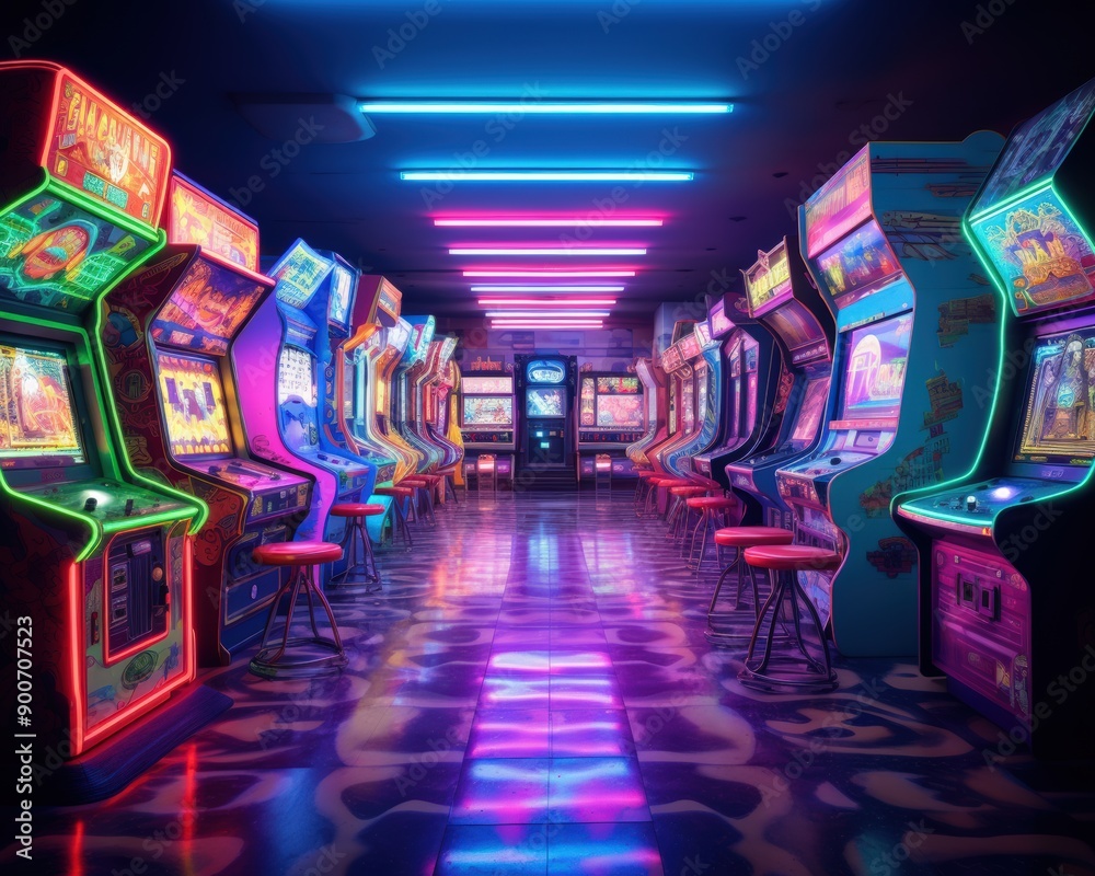 A vibrant arcade scene illuminated by neon lights, featuring classic gaming machines in a lively atmosphere.