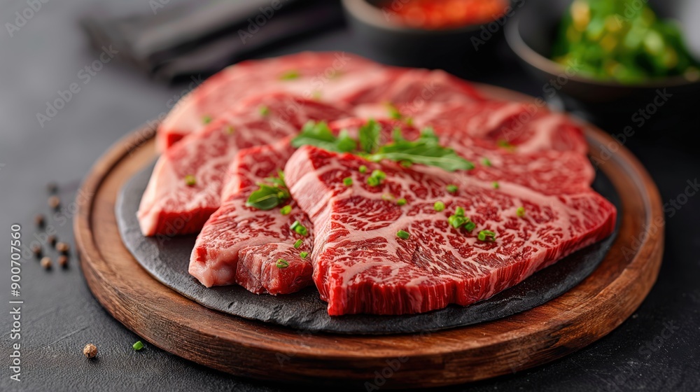 Close-up of marbled raw beef steaks on a dark platter with fresh herbs, set against a blurred background with peppercorns and side dishes. Close-up of marbled raw beef steaks on a dark platter with fresh herbs, set against a blurred background with peppercorns and side dishes.