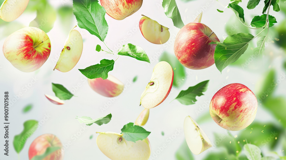 apples with half slices floating in the air