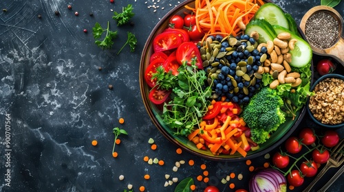 Colorful salad bowl filled with fresh vegetables, nuts, and seeds, © Ibad