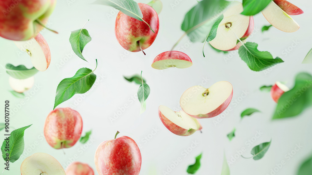 apples with half slices floating in the air apples with half slices floating in the air