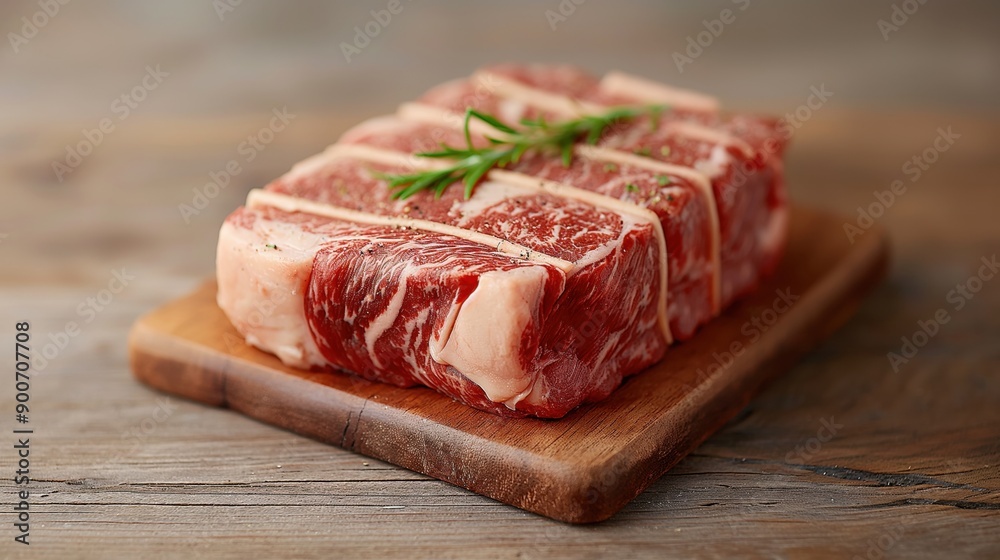 Raw, marbled beef roast tied with butcher's twine garnished with rosemary on a wooden cutting board. Raw, marbled beef roast tied with butcher's twine garnished with rosemary on a wooden cutting board.