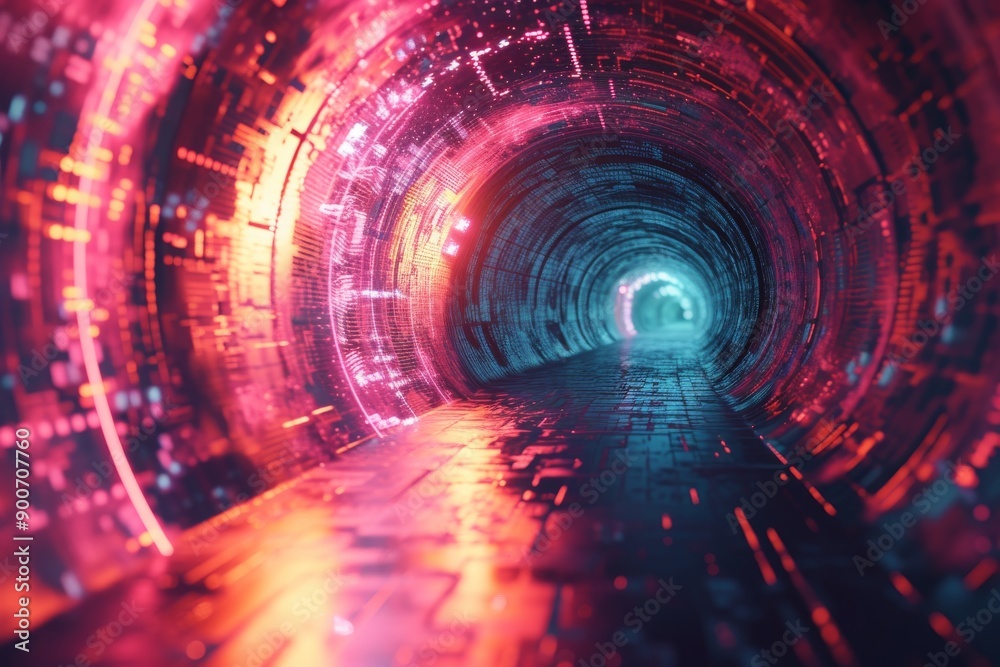 Fototapeta premium A neon-lit tunnel leads through a digital void, the walls adorned with glowing data streams and geometric patterns
