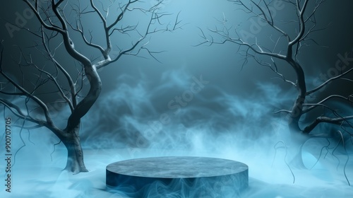 Mysterious foggy platform between dead trees at night