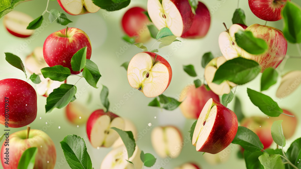 apples with half slices floating in the air apples with half slices floating in the air