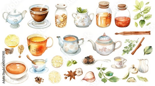 Tea ingredients. White background. Watercolor illustrations