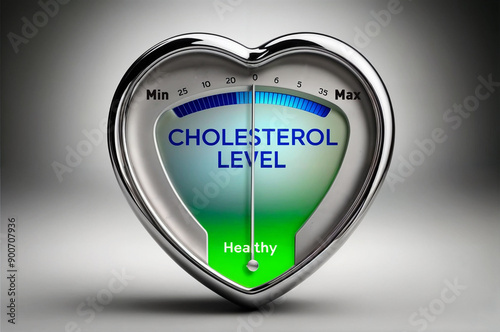3d render illustration of a heart-shaped cholesterol level indicator, showing normal value and healthy status photo