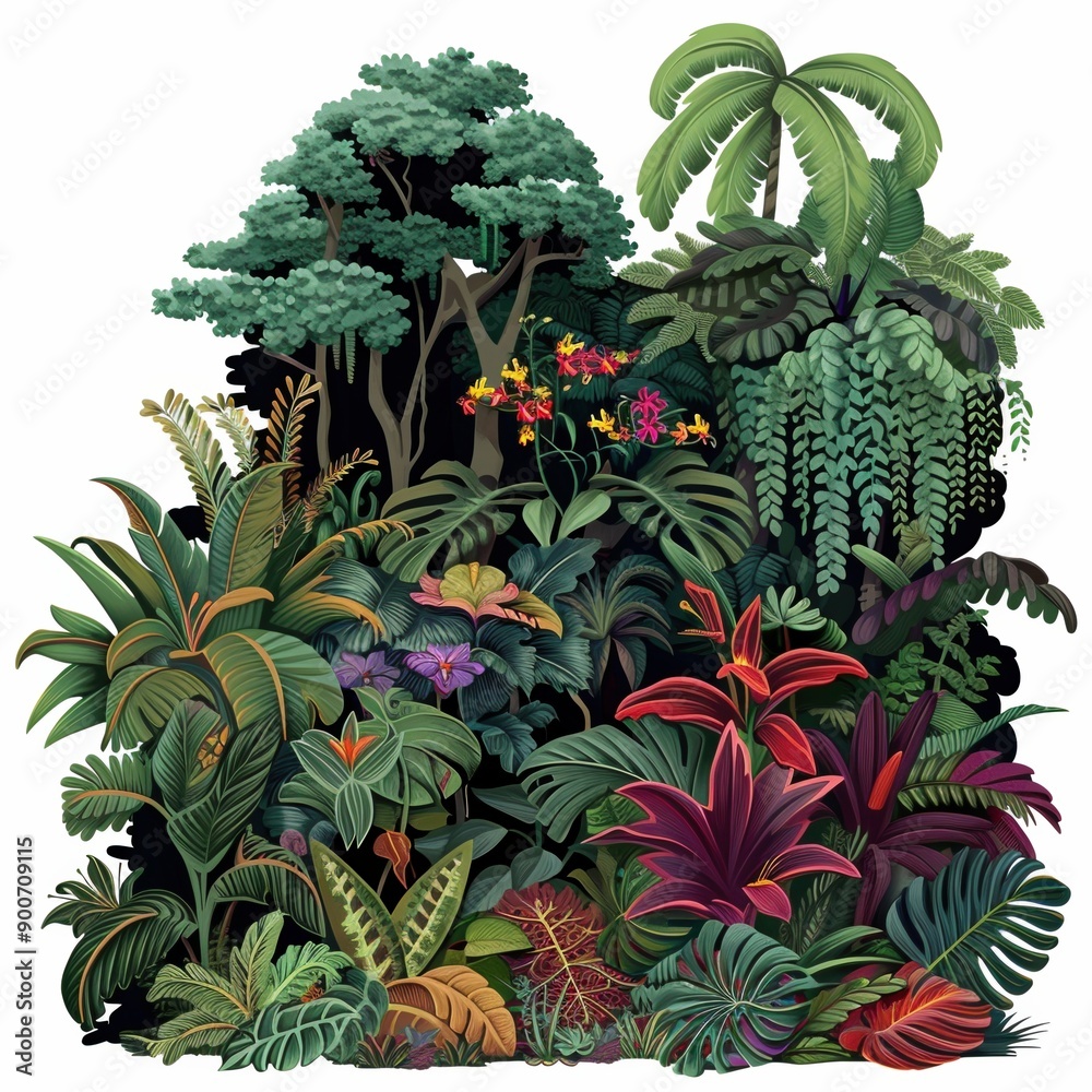 Obraz premium Lush Tropical Foliage with Vibrant Flora and Dense Greenery