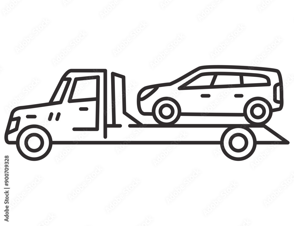 Obraz premium Tow truck icon.Towing truck van with car.City road assistance service evacuator.Car towing truck.Towing truck delivers the broken car. Outline vector illustration.Isolated on white background.