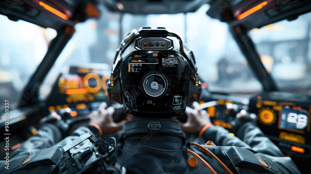 Fototapeta premium Futuristic pilot in high-tech helmet operating advanced cockpit with illuminated control panels and displays.