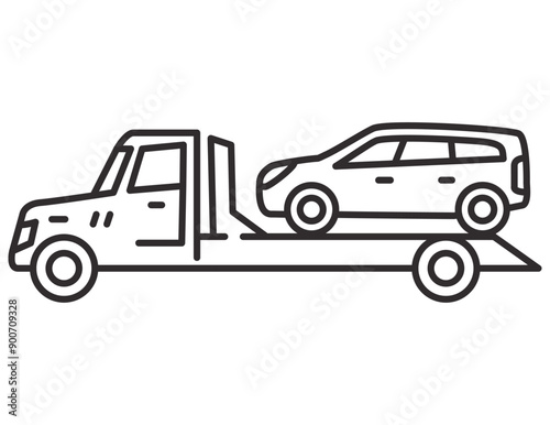 Tow truck icon.Towing truck van with car.City road assistance service evacuator.Car towing truck.Towing truck delivers the broken car. Outline vector illustration.Isolated on white background.