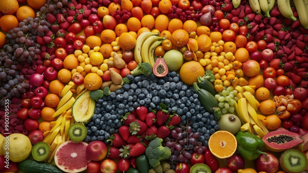 Assortment of fresh fruits and vegetables arranged in a rainbow pattern Assortment of fresh fruits and vegetables arranged in a rainbow pattern