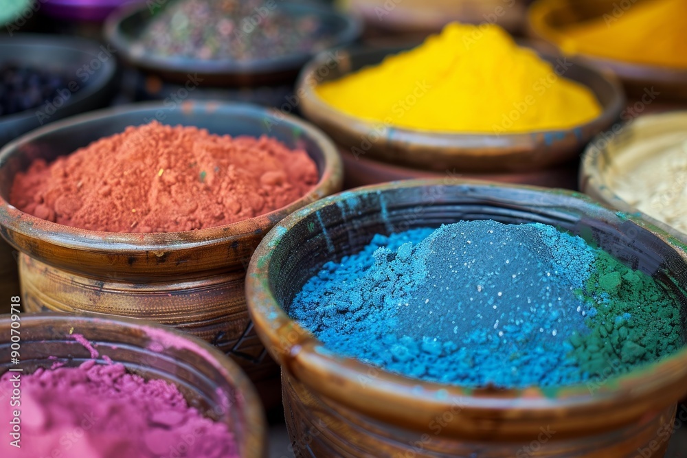 Vibrant spice powders displayed in wooden bowls at a market, offering a feast for the eyes Vibrant spice powders displayed in wooden bowls at a market, offering a feast for the eyes