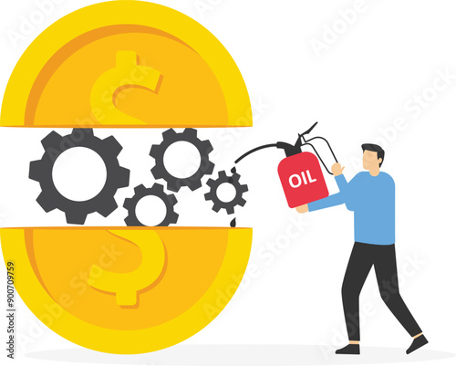 Businessman and secretary put lubricant oil on machine gear of opening money dollar coin. Financial or money liquidity to help economic stimulus, central bank monetary policy.

