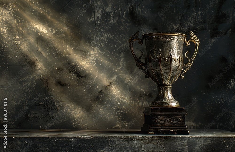 A black trophy in a room with concrete walls and light beams from the side A black trophy in a room with concrete walls and light beams from the side