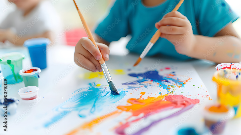 Naklejka premium Children Engaged in Colorful and Creative Paint Project at Table During Daytime