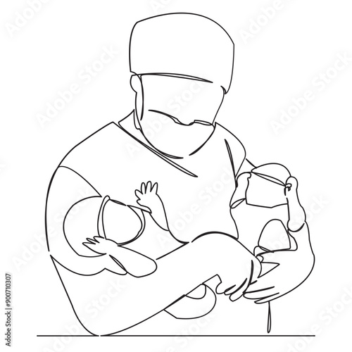 one continuous single drawn line art doodle newborn, baby, doctor, twin, medicine. Isolated hand-drawn outline image on white background.