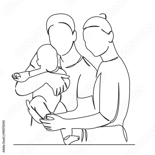 one continuous single drawn line art doodle parent, mom, woman, dad, mother, kid, newborn, baby isolated hand drawn outline image on white background