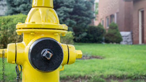 Close-up of a yellow fire hydrant with a black hose cover in front of a lawn with green grass, bushes and pine trees beside a brick wall with opened door and windows