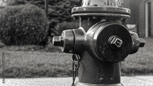 Close-up of a yellow fire hydrant with a black hose cover in front of a lawn with green grass, bushes and pine trees beside a brick wall with opened door and windows